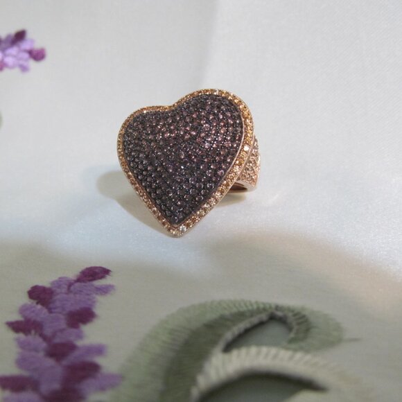 Bella Luce Mocha & Champagne Diamond Simulant Rose Gold Plated 925 Heart Ring 10 - Picture 1 of 15